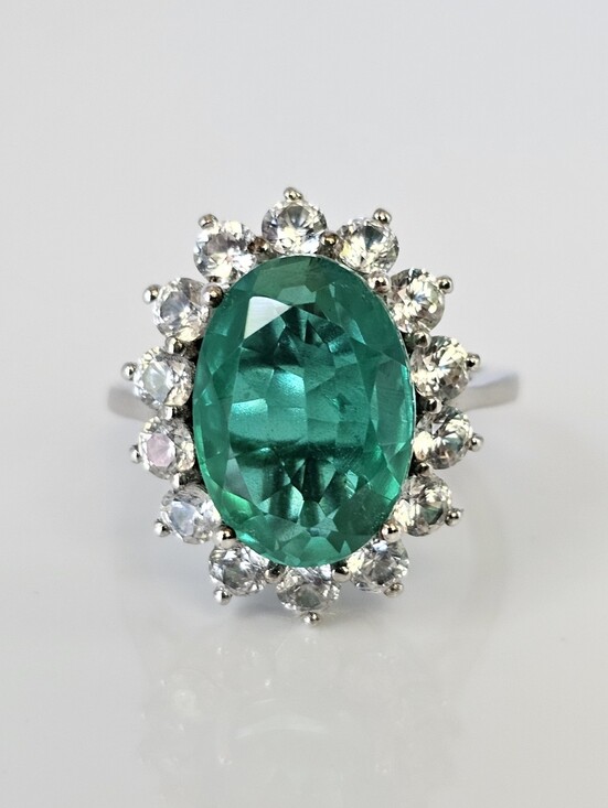 Gem Treasures Jewelry - Genuine Emeraldine Quartz and White Zircon Ring Platinum over 925 Size 8…